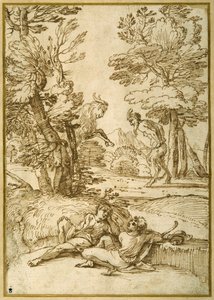 Un paisaje con dos pastores descansando, mientras un sátiro y una cabra bailan de Giovanni Francesco Grimaldi