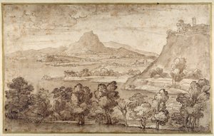 Paisaje con una ciudad en una colina y una montaña más distante de Giovanni Francesco Grimaldi