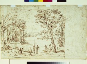 Paisaje con figuras en la orilla de un río