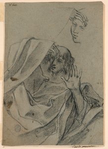 Estudios de dibujo con rostro de mujer y hombre reclinado, y mano derecha con antebrazo