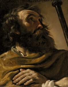 San Alejo envuelto en un manto marrón, sosteniendo un báculo de Giovanni Francesco Barbieri