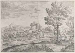 Casa en la cima de una roca redonda en el centro, personas en el río y en canoas, 1626-80