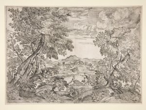 paisaje con tres hombres por un río de Giovanni Francesco Grimaldi