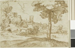 Paisaje con un gran árbol a la derecha y una vista lejana de un pueblo a la izquierda de Giovanni Francesco Grimaldi
