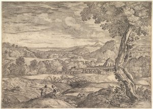 Paisaje con una fábrica de ladrillos en el medio, un hombre de pie en primer plano de Giovanni Francesco Grimaldi