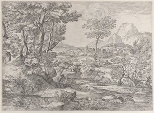 Tres niños en un paisaje con una ciudad al fondo, 1626-80 de Giovanni Francesco Grimaldi