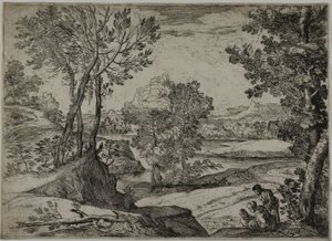 Mujer, Su Hijo y un Hombre de Pie en un Paisaje de Giovanni Francesco Grimaldi