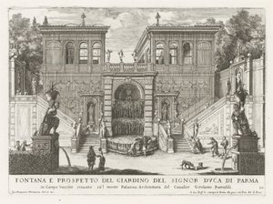 Farnesische Tuinen te Roma Fuente y alzado del jardín del Duque de Parma (...) (título sobre objeto) Las fuentes en los palacios y jardines de Roma (título de la serie) Fonteinen in de paleizen en tuinen van Rome (título de la serie) de Giovanni Francesco Venturini