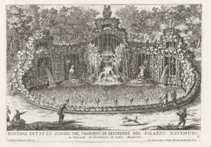Fuente de la cometa en de Vaticaanse tuinen Fuente llamada la roca en el jardín de Belvedere en el Palacio Papal (...) (título sobre objeto) Las fuentes en los palacios y jardines de Roma (título de la serie) Fonteinen in de paleizen en tuinen van Rome (se de Giovanni Francesco Venturini