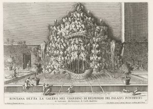 Fuente de la Galera en de Vaticaanse tuinen Fuente llamada la galera en el jardín de Belvedere del Palacio Papal (...) (título sobre objeto) Las fuentes en los palacios y jardines de Roma (título de la serie) Fonteinen in de paleizen en tuinen van Rome (se de Giovanni Francesco Venturini