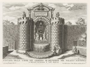 Fontein in de Vaticaanse tuinen Fuente de la torre en el jardín de Belvedere en el Palacio Papal (...) (título sobre objeto) Las fuentes en los palacios y jardines de Roma (título de la serie) Fonteinen in de paleizen en tuinen van Rome (título de la serie de Giovanni Francesco Venturini