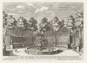 Fontein de Villa Borghese en Roma Dos fuentes similares en el jardín del Signor prencipe Borghese (...) (título sobre el objeto) Las fuentes en los palacios y jardines de Roma (título de la serie) Fonteinen in de paleizen en tuinen van Rome (título de la s de Giovanni Francesco Venturini