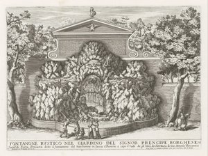 Fontein de Villa Borghese en Roma Fuente rústica en el jardín del Sr. prencipe Borghese (...) (título sobre objeto) Las fuentes en los palacios y jardines de Roma (título de la serie) Fonteinen in de paleizen en tuinen van Rome (título de la serie) de Giovanni Francesco Venturini