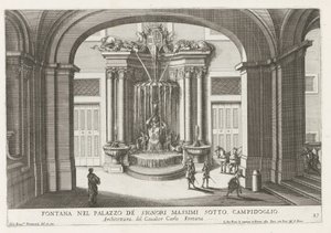 Fontein in de binnenplaats van het Palazzo Massimo di Rignano te Rome Fuente en el Palazzo de Signori Massimi bajo el Campidoglio (título sobre el objeto) Las fuentes en los palacios y jardines de Roma (título de la serie) Fonteinen in de paleizen en tuine de Giovanni Francesco Venturini
