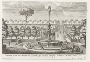 Fontein in de tuinen van Villa Doria Pamphilj te Rome Fuente conocida como la Reina en el jardín del Príncipe Pamphilio en San Pancratio (título sobre objeto) Las fuentes en los palacios y jardines de Roma (título de la serie) Fonteinen in de paleizen en t