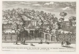 Fontein in de tuinen van Villa Doria Pamphilj te Rome Vista de las fuentes del lado derecho del teatro del jardín (...) (título sobre objeto) Las fuentes en los palacios y jardines de Roma (título de la serie) Fonteinen in de paleizen en tuinen van Rome (s de Giovanni Francesco Venturini