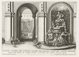 Fontein en een binnenplaats van het Palazzo Doria Pamphilj te Rome Fuente ubicada en el gran patio del Palazzo Nuovo del Signor prencipe (...) (título sobre objeto) Las fuentes en los palacios y jardines de Roma (título de la serie) Fonteinen in de paleize de Giovanni Francesco Venturini