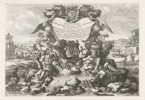 Fuente con dedicatoria y escudo de armas de Livio Odescalchi Le fontane ne palazzi e ne giardini di Roma (título de la serie) Fuentes en los Palacios y Jardines de Roma (título de la serie) de Giovanni Francesco Venturini