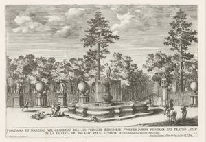 Fontein van Narcissus en de Villa Borghese te Rome Fuente de Narciso en el jardín del Sr. Príncipe Borghese (...) (título sobre objeto) Las fuentes en los palacios y jardines de Roma (título de la serie) Fonteinen in de paleizen en tuinen van Rome (título  de Giovanni Francesco Venturini