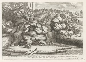 Paisaje con cascada en Tempel van de Tiburtijnse Sibille t y Tivoli Alzado y cascada del río aniene con el templo de la sibila (...) (título sobre objeto) Las fuentes del jardín Estense en Tivoli (título de la serie) Fonteinen in de tuinen van Villa d