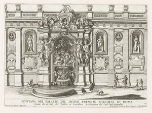 Ninfeo en de binnenplaats van het Palazzo Borghese te Rome Fuente en el palacio del señor prencipe Borghese en Roma (...) (título sobre objeto) Las fuentes en los palacios y jardines de Roma (título de la serie) Fonteinen in de paleizen en tuinen van Rome  de Giovanni Francesco Venturini