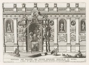 Ninfeo en de binnenplaats van het Palazzo Borghese te Rome Fuente en el palacio del señor prencipe Borghese en Roma (...) (título sobre objeto) Las fuentes en los palacios y jardines de Roma (título de la serie) Fonteinen in de paleizen en tuinen van Rome  de Giovanni Francesco Venturini