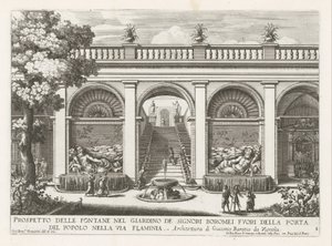 Tuin van een paleis te Rome Prospecto de las fuentes en el jardín de los señores Boromei (...) (título sobre objeto) Las fuentes en los palacios y jardines de Roma (título de la serie) Fonteinen in de paleizen en tuinen van Rome (título de la serie) de Giovanni Francesco Venturini