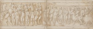 Los bárbaros saludan al emperador (CXIV); los alemanes y sármatas son llevados a través del Danubio en barco (interpretado de manera diferente por Guerra; CXV) de Giovanni Guerra