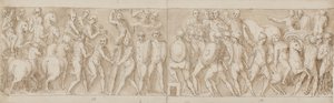 Fin de una marcha del emperador con sus legionarios y guardias (fin de XCIII); los romanos construyendo un campamento (inicio de XCIV); los romanos en una marcha con el emperador (XXXV / XXXVI)