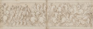 Marco Aurelio parte sobre un muelle con infantería y caballería (CVIII); los Sármatas son rechazados por los romanos avanzando (CIX) de Giovanni Guerra