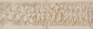 Caballería romana (LXV); una cabeza cortada (interpretada como un prisionero por Guerra) y un prisionero alemán son llevados ante el emperador (LXVI); romanos avanzando (LXVII) de Giovanni Guerra