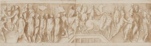 Soldados romanos construyendo un campamento (final de LXXXII); un discurso (LXXXIII); romanos cruzando un río en un puente de pontones (LXXXIV); mujeres son tomadas prisioneras (inicio de LXXXV) de Giovanni Guerra