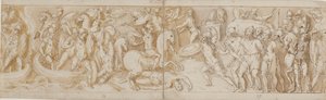 Soldados romanos cruzando un río en botes (en gran parte restauración; XXXIV); un soldado romano luchando (del final de XXIV); guardias romanos trayendo prisioneros bárbaros ante el emperador (omitido en el dibujo; final de XXV); comienzo de una marcha (co de Giovanni Guerra