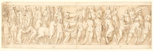 Los sármatas se rinden (LIII); Los germanos son llevados a través del Danubio (LIX); Los germanos acusados por los sármatas ante Marco Aurelio (LX); inicio de una escena de decapitación (LXI) de Giovanni Guerra