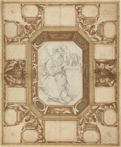 Techo con figuras alegóricas y las armas del Papa Sixto V (dibujo exterior de Guerra); San José y el Niño Jesús (dibujo central de Viani) de Giovanni Guerra and Domenico Maria Viani