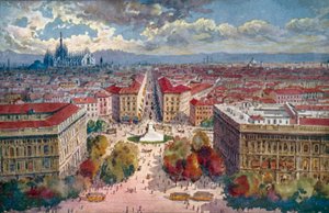 Milán / Milan: Panorama desde el castillo (litografía en color)