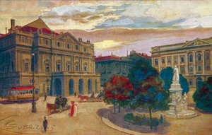 Milán / Milan: Piazza y Teatro della Scala (litografía en color) de Giovanni Guerzoni