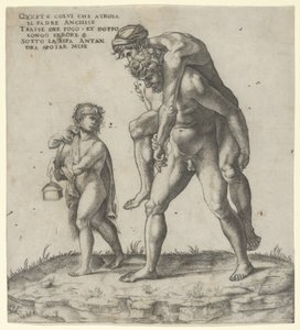 Eneas rescatando a Anquises, un niño llevando una linterna a la izquierda, ca. 1525 de Giovanni Jacopo Caraglio