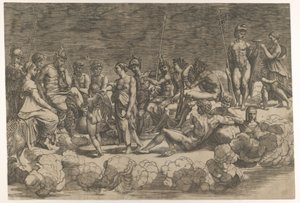 Asamblea de los dioses después de la composición del techo en la Loggia di Psiche, Villa Farnesina, 1527 de Giovanni Jacopo Caraglio