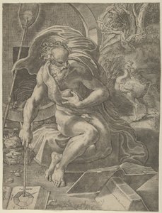 Diógenes sentado con su barril detrás de él, leyendo un libro mientras sostiene un bastón, ca. 1526-27