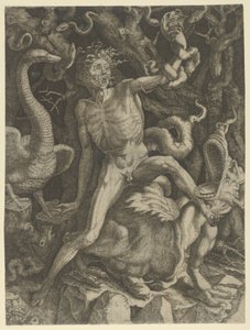 Furia personificada como un anciano montando un monstruo, sosteniendo un cráneo en su mano izquierda de Giovanni Jacopo Caraglio