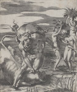 Hércules derrotando al dios río Aqueloo en forma de toro, con tres mujeres t..., ca. 1526-27 de Giovanni Jacopo Caraglio