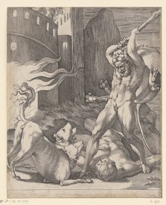 Hércules lucha contra el Cerbero Escenas con Hércules (título de la serie) de Giovanni Jacopo Caraglio