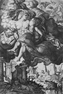 Ixión intentando seducir a Juno, rodeado de nubes con ruinas abajo, ca. 1520-39