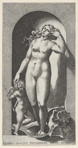 Placa 10: Venus en un nicho, de pie sobre una concha, con Cupido a su derecha, de una serie, 1526 de Giovanni Jacopo Caraglio