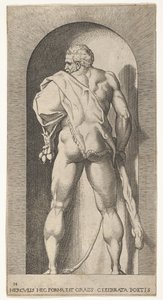 Placa 15: Hércules de pie en un nicho, vistiendo una piel de león y sosteniendo un garrote, visto desde..., 1526