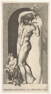 Placa 17: Baco de pie en un nicho, sosteniendo uvas sobre un plato, acompañado por un infante de Giovanni Jacopo Caraglio