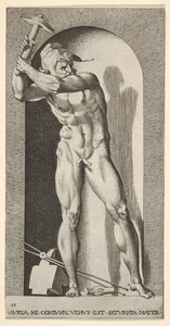 Lámina 19: Vulcano de pie en un nicho balanceando un martillo, con un yunque, martillo y tenazas de Giovanni Jacopo Caraglio