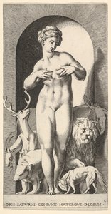Placa 2: Ops de pie en un nicho con las manos en sus pechos, mirando a su izquierda, con ..., 1526