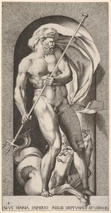 Placa 5: Neptuno de pie en un nicho sosteniendo un tridente, con un hipocampo, 1526